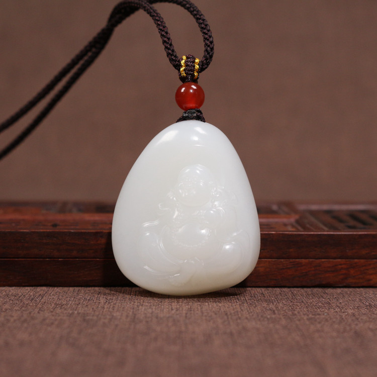 新疆和田羊脂白玉弥勒佛吊坠 挂件笑佛公玉石一级白度无结构 保真