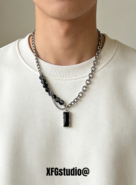 高级感黑色小方牌串珠项链男女潮