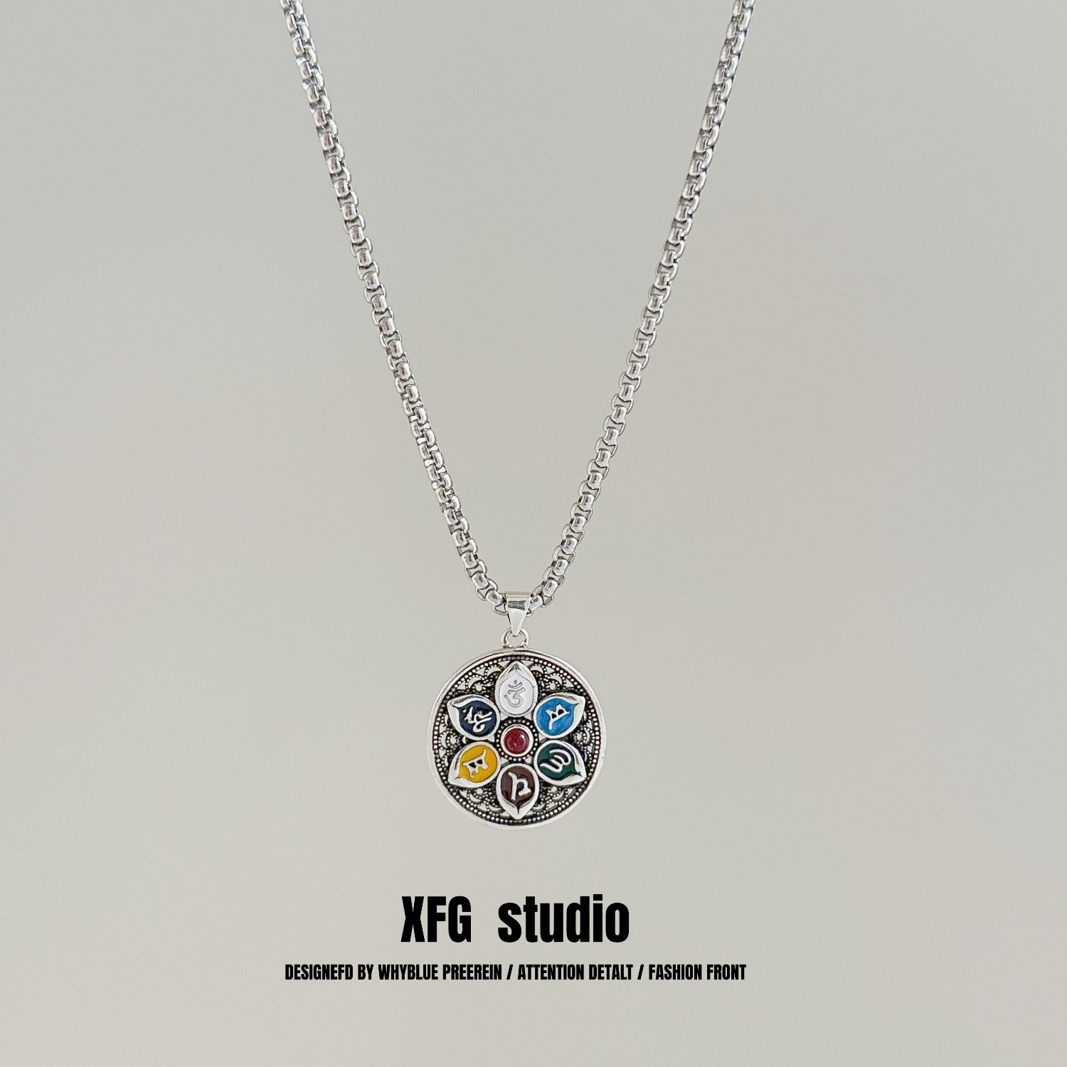 珐琅彩莲花六字真言项链男女潮牌复古圆牌吊坠民族风高级感送礼物