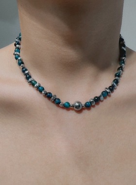 蓝色串珠黑胆石项链男潮小众设计