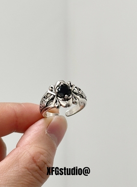 复古镶钻十字架戒指男女开口可调