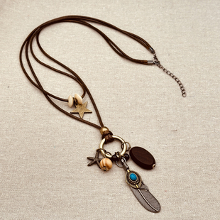 毛衣链饰品 复古民族风双层叠戴长款 新中式 禅意古铜羽毛项链男女款