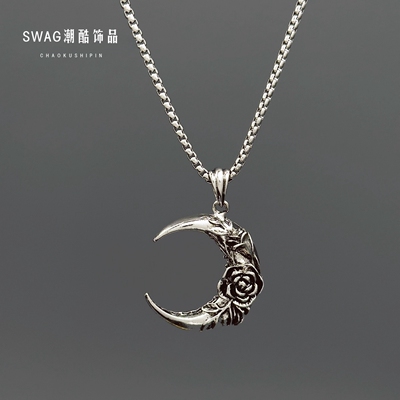 复古黑暗月亮玫瑰花项链男女配饰