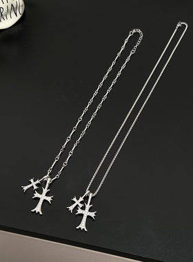 欧美镶钻双十字架项链男士潮牌