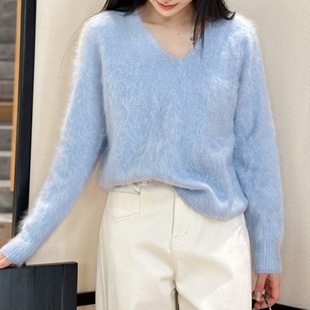 暖调马卡龙丨100山羊绒成衣拉毛丨岛精无缝V领保暖羊绒衫-MY6546