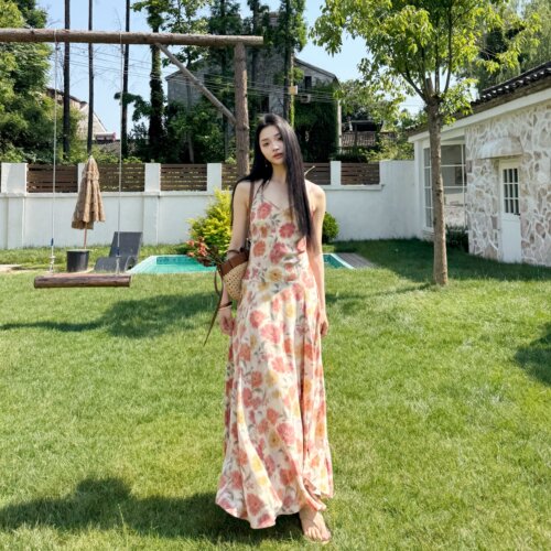 橘夏丨100桑蚕丝丨45°斜裁丨16姆米双绉V领吊带大裙摆连衣裙6921