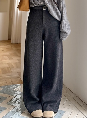 含羊毛斜纹呢感面料丨极简通勤宽松弯刀裤休闲阔腿长裤-MY6338