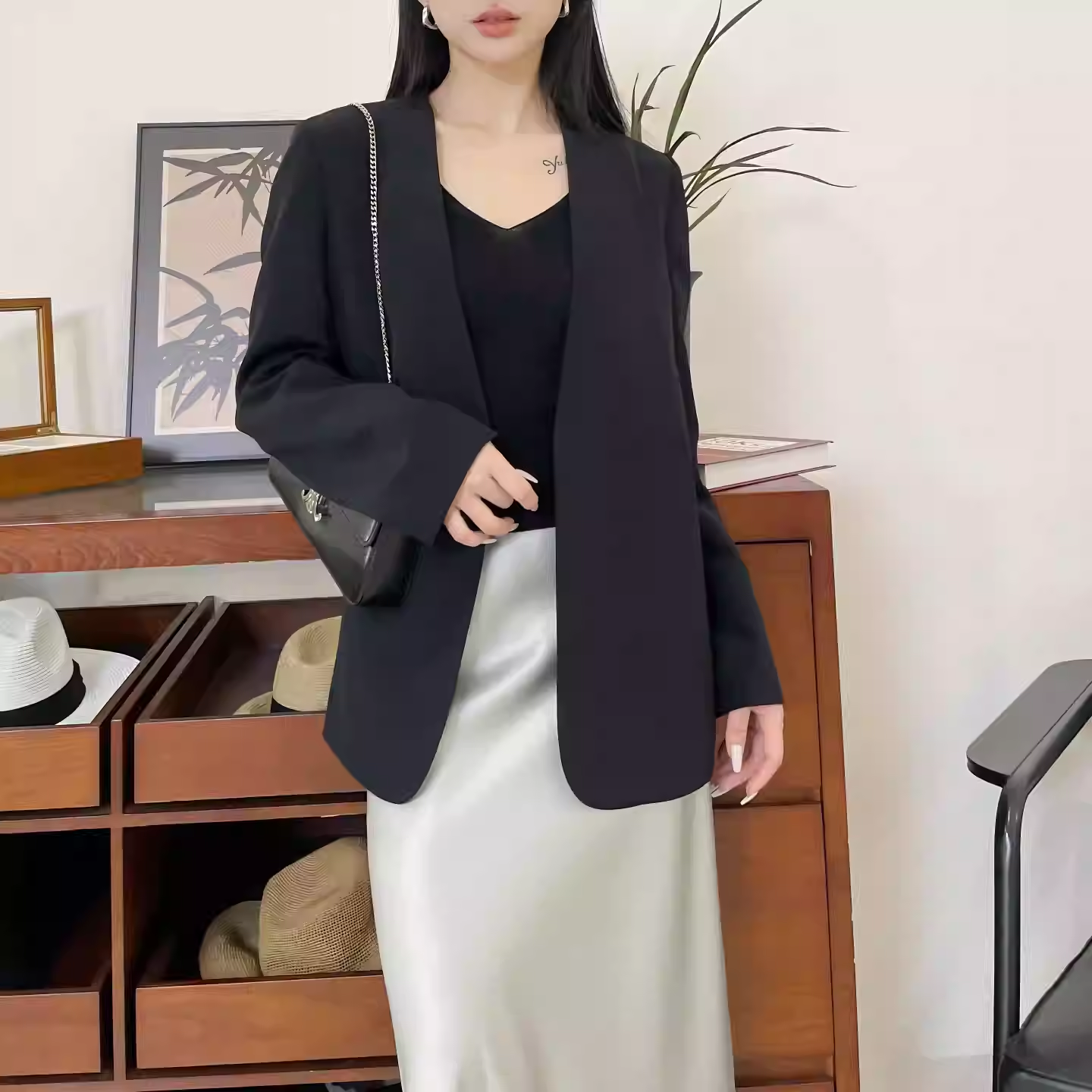 御礼丨30姆米桑蚕丝弹力重绉丨无领西装双层真丝外套-MY4965