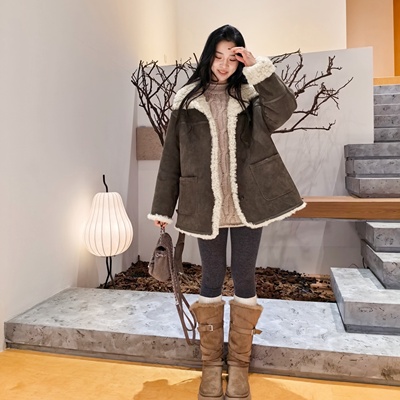 雪岭丨羊皮毛一体丨复古皮草中长款内里绒毛翻领外套-MY6530