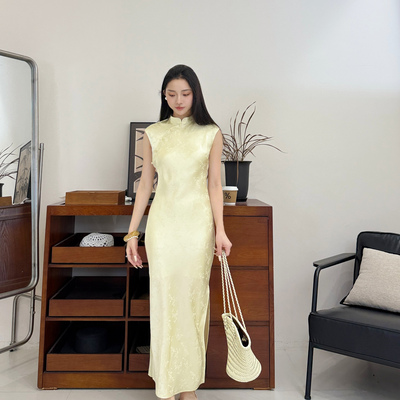 泠云丨双层100桑蚕丝45°斜裁丨真丝桑波缎右襟旗袍连衣裙-MY6103