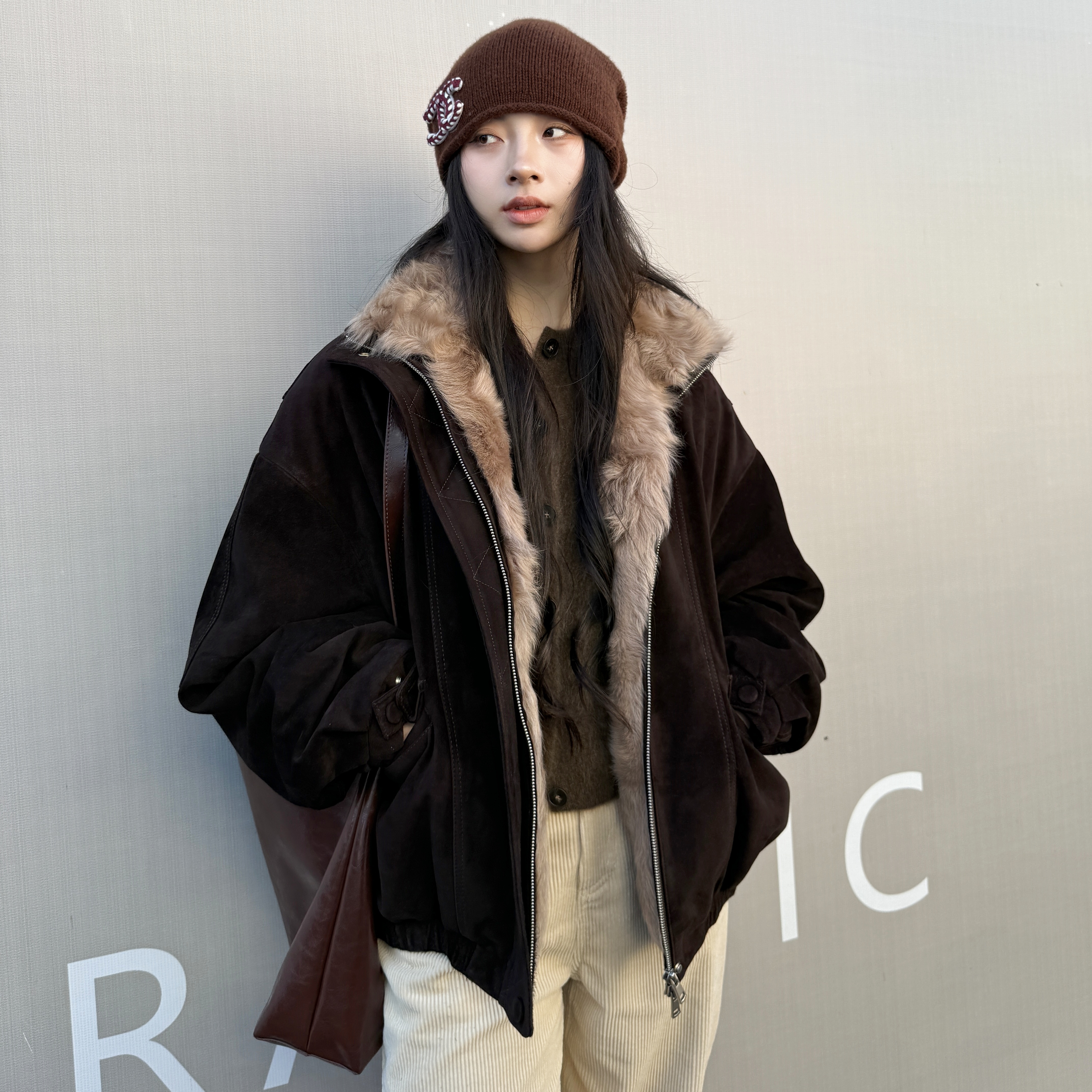 反绒小牛皮·羊羔毛皮毛一体毛领丨高级质感秋冬保暖外套-MY6418