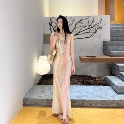 虹之间丨100桑蚕丝丨45°斜裁丨16姆米双绉彩虹吊带连衣裙-6828