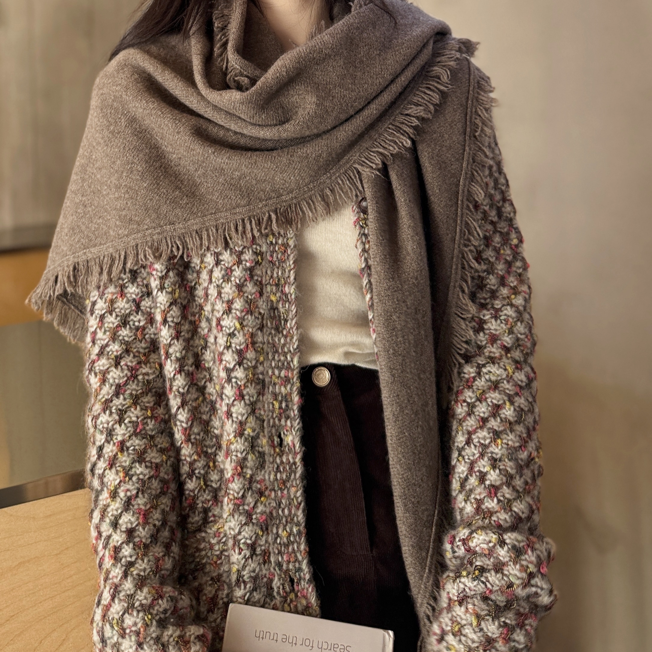 100牦牛绒纯色三角大披肩丨秋冬保暖百搭流苏针织围巾-MY6424