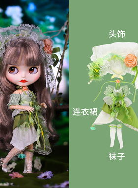 ICY DBS小布娃娃衣服绿色森林花之精灵连衣裙套装19关节ob24娃衣