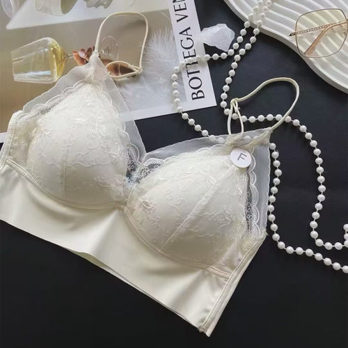 法式蕾丝抹胸一体杯中厚乳胶垫无痕小胸聚拢文胸内衣细带裹胸美背