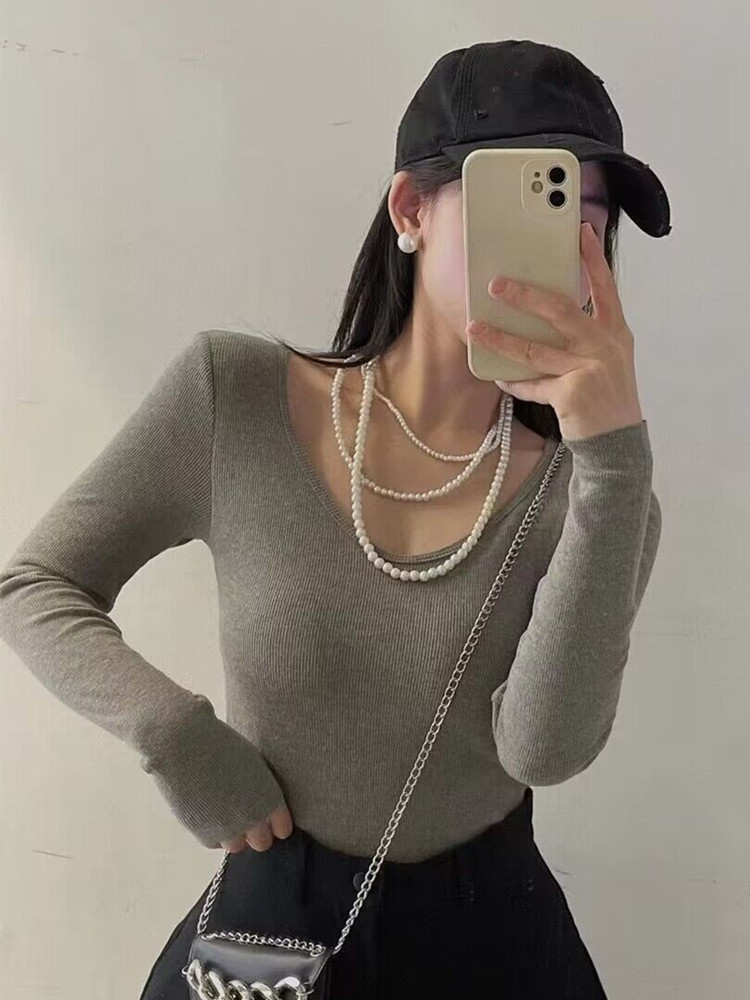 가을 겨울 보온 속옷 브이넥 가슴 패드 긴팔 바닥 셔츠 심플 양면 벨벳 보온 티셔츠[브라 없음]