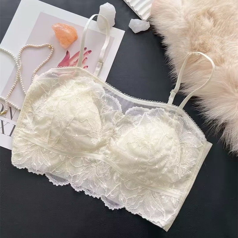 法式性感抹胸蕾丝网纱刺绣一抹防走光美背一体薄杯细带背心文胸罩