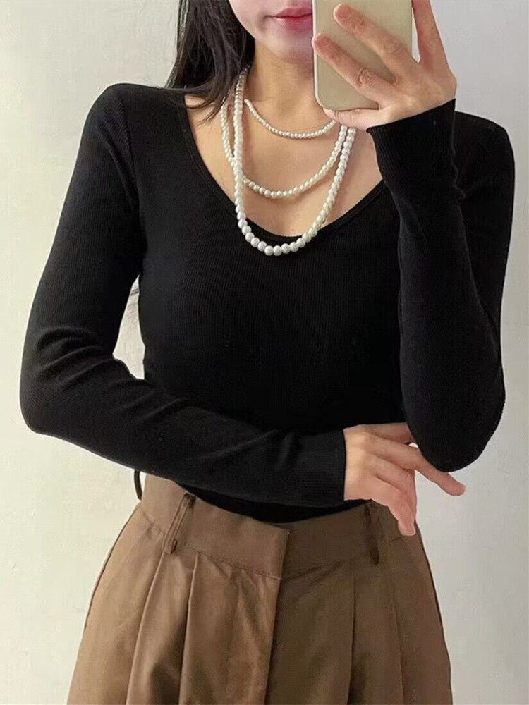 가을 겨울 보온 속옷 브이넥 가슴 패드 긴팔 바닥 셔츠 심플 양면 벨벳 보온 티셔츠[브라 없음]
