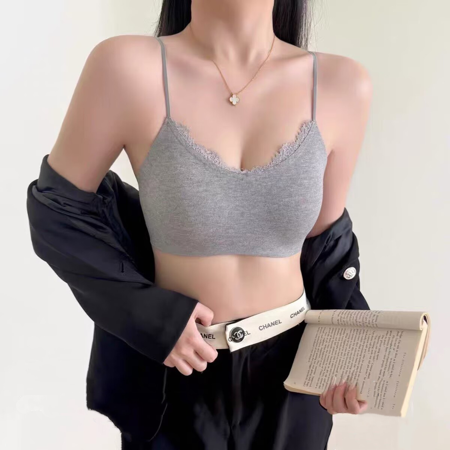 法式睫毛蕾丝抹胸波点美背磨毛吊带固定杯无痕聚拢文胸打底内衣女