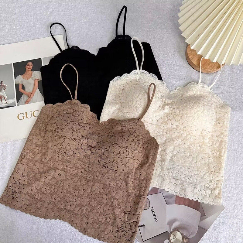 冰丝无痕美背性感V领蕾丝防走光吊带乳胶一体杯文胸打底内搭背心