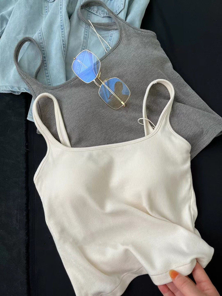 秋冬磨毛背心薄款纯色百搭固定一体杯文胸罩小方领收副乳吊带上衣