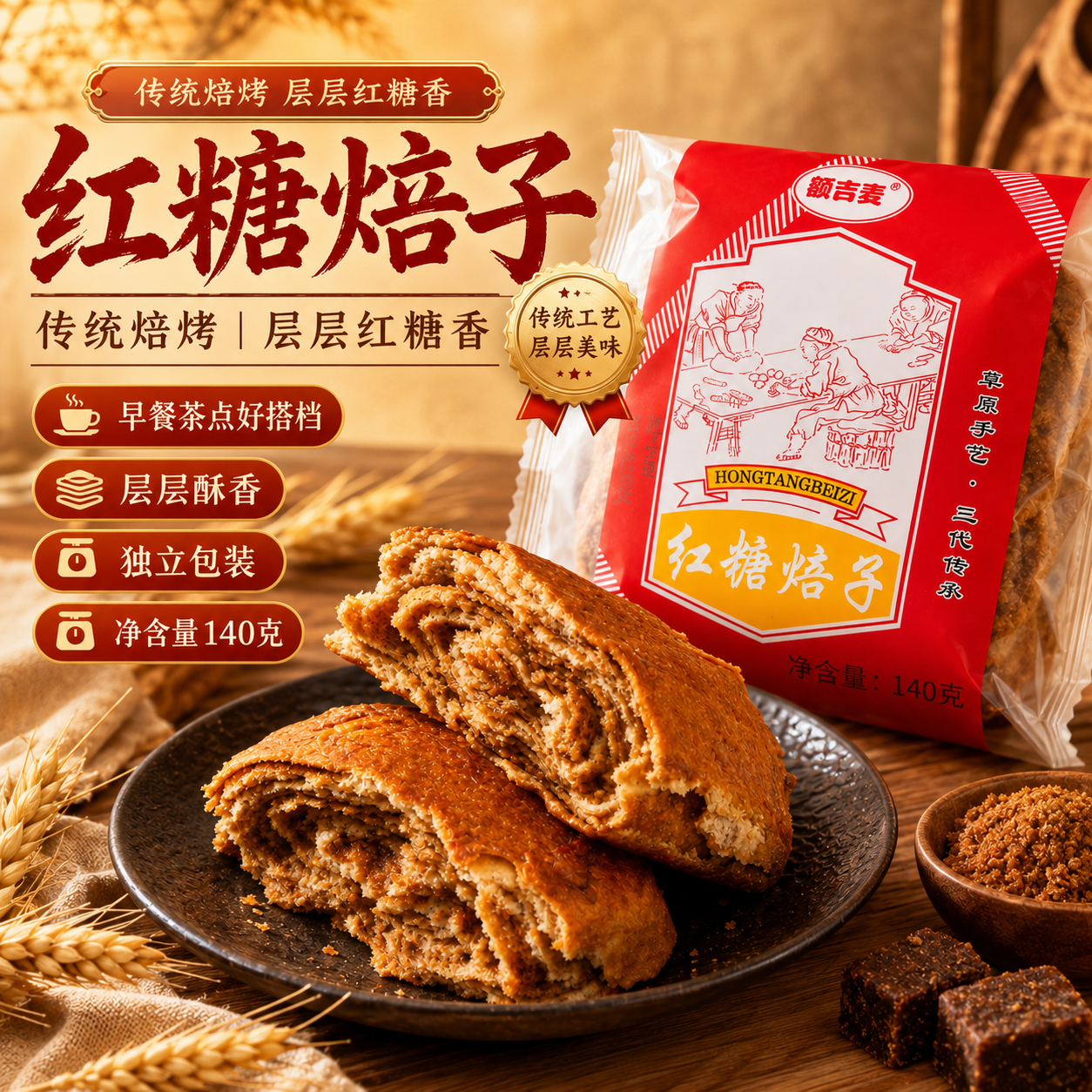 呼市红糖焙子内蒙古特产黑糖焙子糕点胡麻油点心老式传统早餐食品