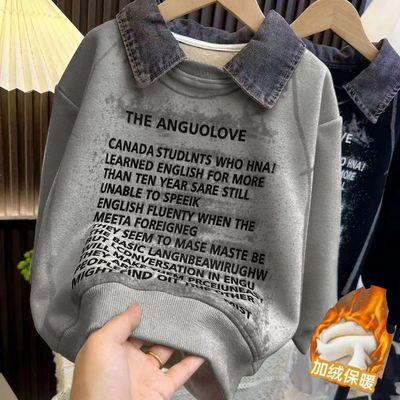 男童加绒卫衣POLO衫秋冬季2025新款中大童奥粒绒女孩儿童印花长袖