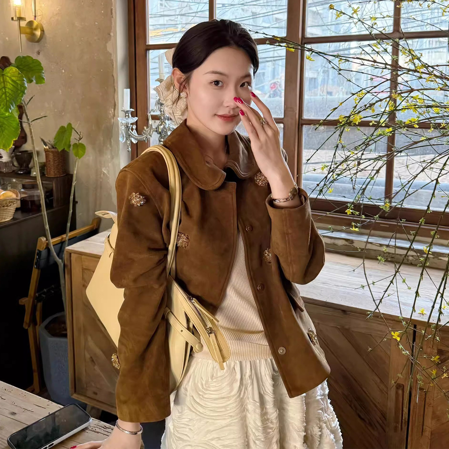 千金美拉德短外套女高级感鹿皮绒2026秋冬夹克法式娃娃领钉珠上衣