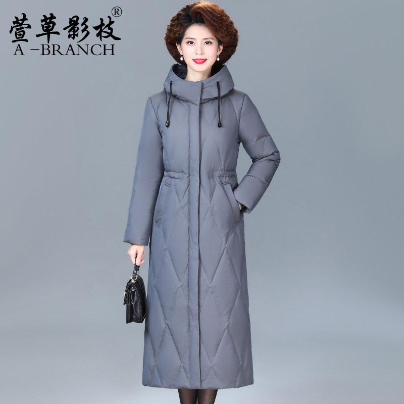 时尚妈妈羽绒服中长款过膝白鸭绒加厚中老年女秋冬装收腰保暖外套