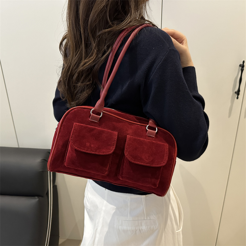 芊舒祺复古绒面双口袋腋下包女2025新款时尚百搭通勤手提包托特包
