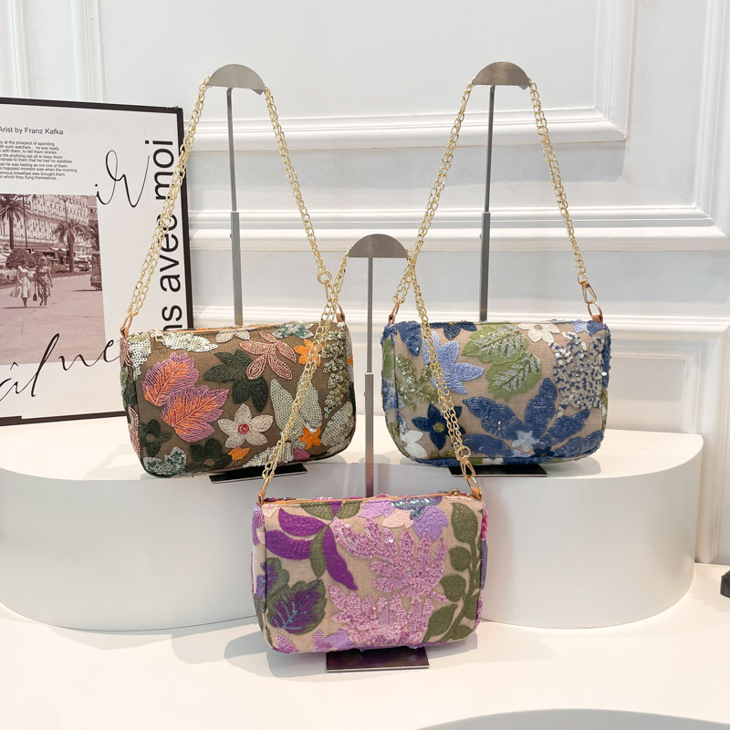 芊舒祺新中式国风刺绣花朵亮片腋下包女2025新款链条单肩斜挎包