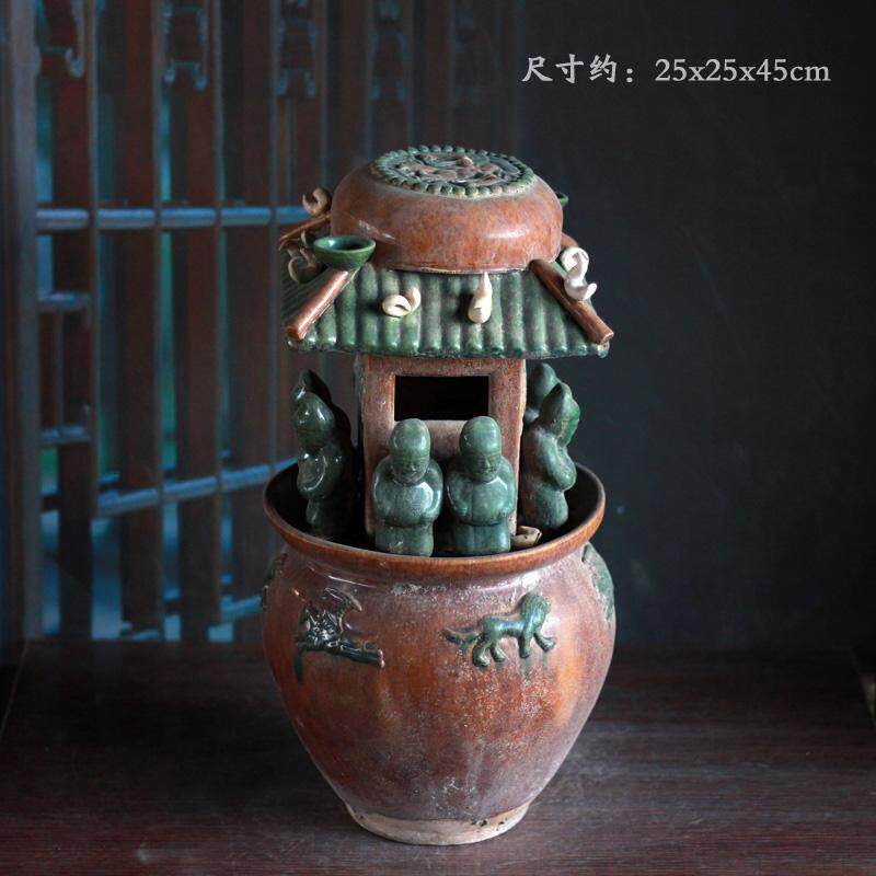西晋仿古陶器汉绿釉陶楼堆塑谷仓罐摆件影视道具客厅玄关桌面装饰