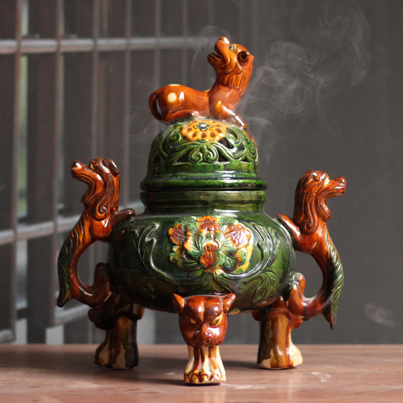 陶瓷香薰炉摆件唐三彩三狮香炉装饰艺术品客厅家居摆设古风老物件