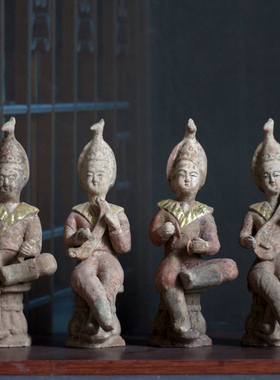 仿古彩绘乐器俑坐鼓俑贴金人物俑