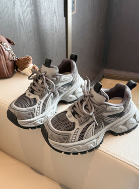 跟高5cm显脚小厚底增高灰色老爹鞋2025新款百搭不累脚休闲运动鞋