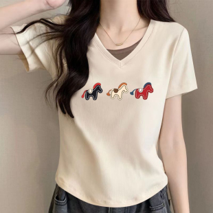 简约休闲V领体恤上衣 洋气时尚 外贸出品清仓100%纯棉短袖 T恤女夏装