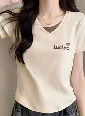 外贸一线品牌女装纯棉V领短袖T恤夏季修身拼接显瘦设计感上衣ins