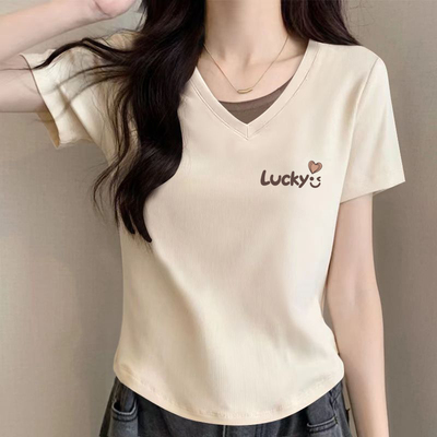 纯棉V领短袖T恤夏季修身拼接