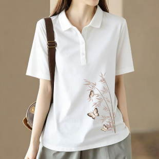 T恤衫 外贸出口100%纯棉polo领文艺宽松上衣女夏新款 休闲翻领短袖