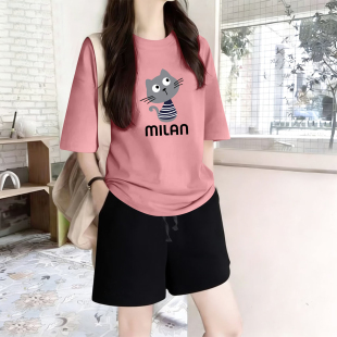 休闲运动短袖 时尚 套装 百搭阔腿短裤 纯棉两件套 女韩版 外贸出口夏季