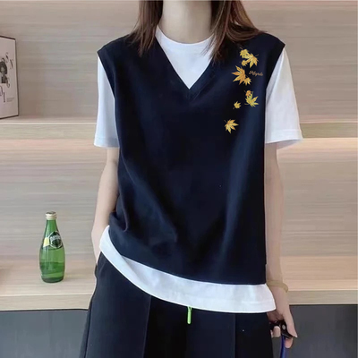 小众印花假两件短袖t恤女夏季