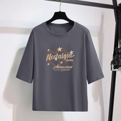 大牌清仓女装 上衣 休闲显瘦印花中袖 100%纯棉圆领七分袖 T恤女夏季