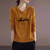 外贸出口纯棉洋气印花T恤上衣女春秋新款 文艺减龄百搭显瘦打底衫