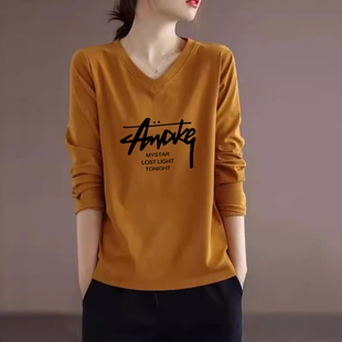 外贸出口纯棉洋气印花T恤上衣女春秋新款 文艺减龄百搭显瘦打底衫