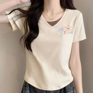 外贸出口清仓100%纯棉假两件V领短袖 t恤女2026夏显瘦洋气宽松上衣