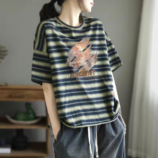外贸清仓出口100%纯棉宽松休闲短袖 条纹显瘦休闲上衣潮 T恤女夏季
