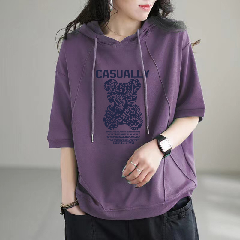 100%纯棉时尚文艺连帽上衣T恤夏