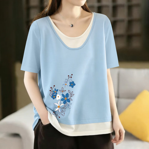 100%纯棉遮肚子减龄短袖上衣女