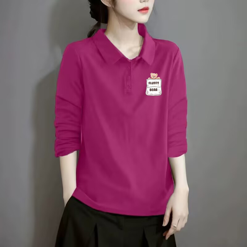 100%纯棉POLO领长袖衬衫女复古