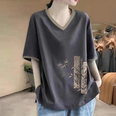 外贸清仓出口100%纯棉拼色百搭v领短袖 t恤女洋气减龄宽松体恤上衣